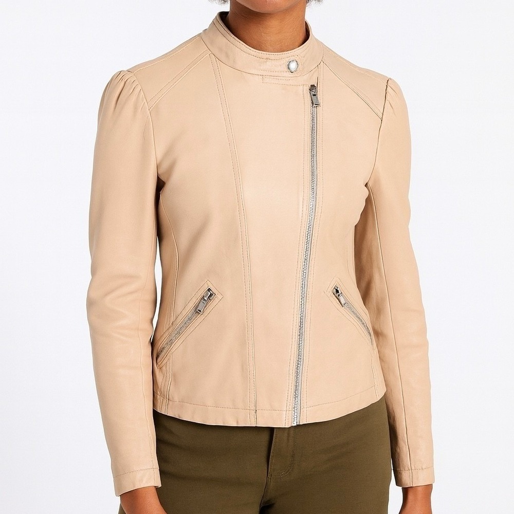Rebecca Taylor Garment Washed Leather Moto Jacket in Nude Blush Pink Size 6